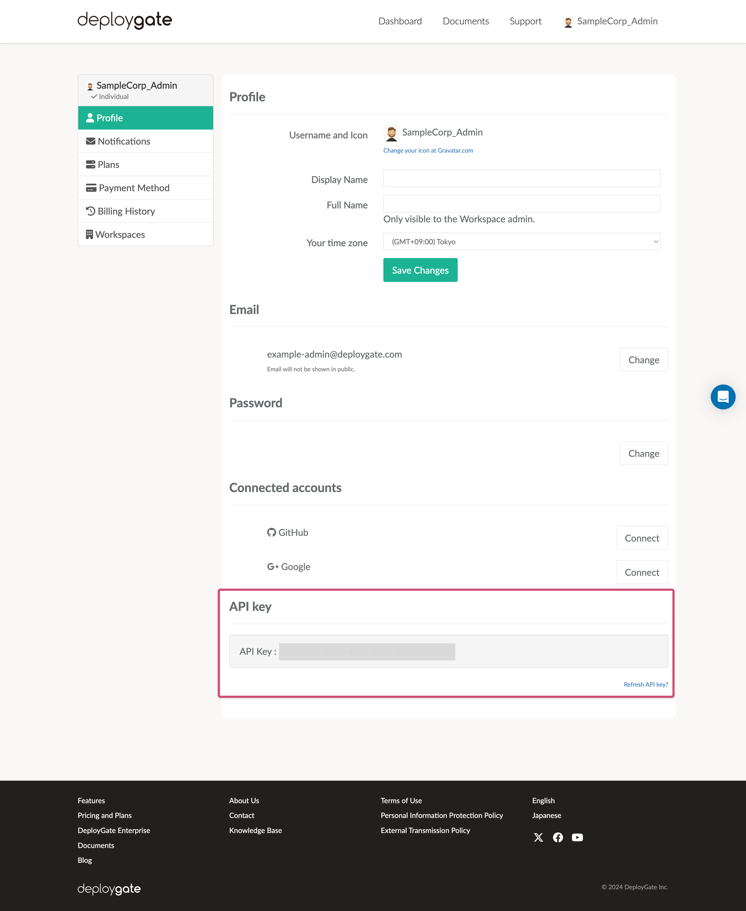 Screenshot of API Key of the user