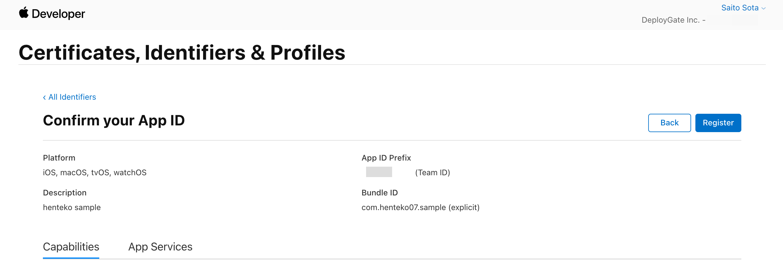 Screenshot of Create App ID