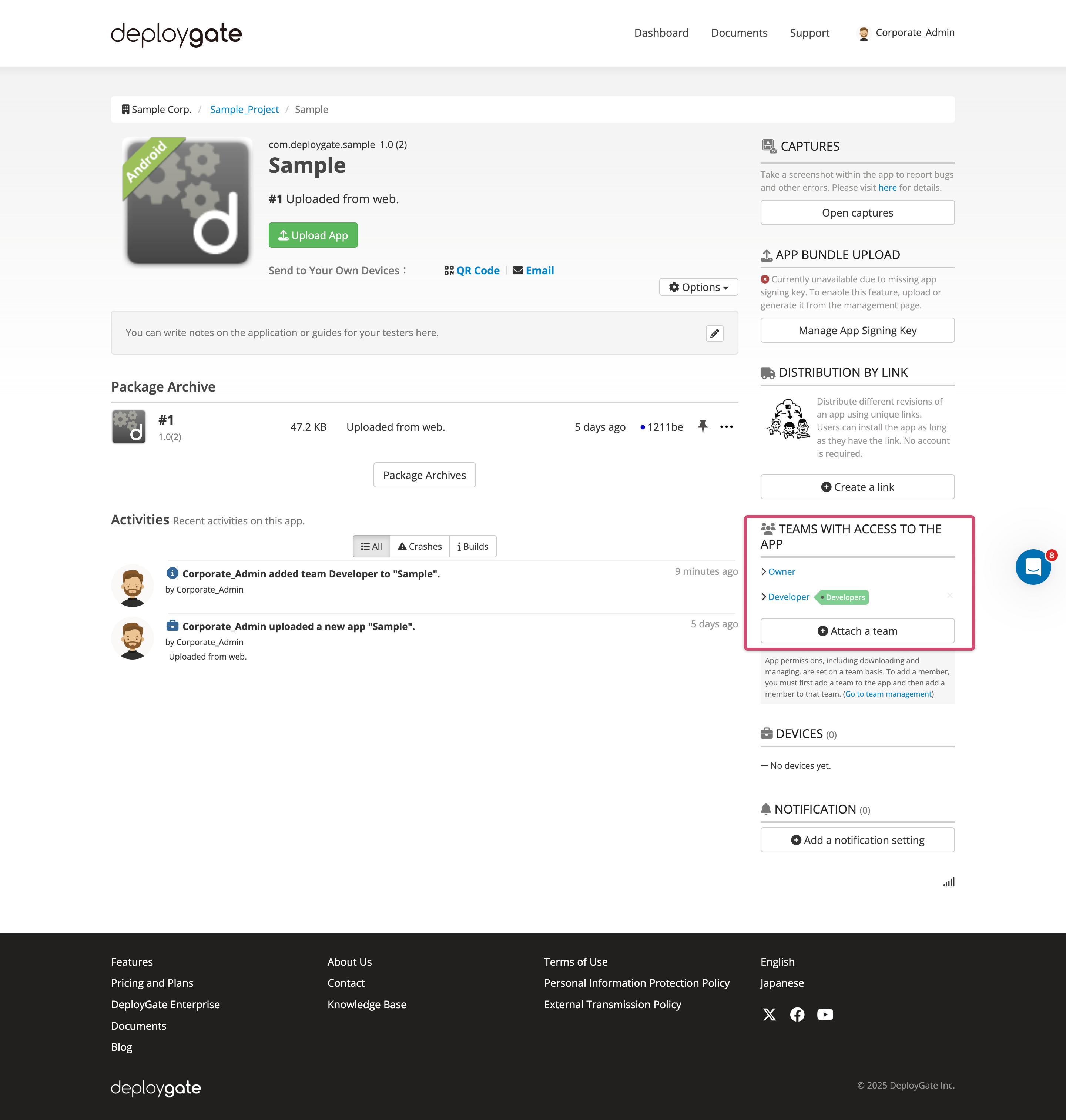 Screenshot of Project dashboard