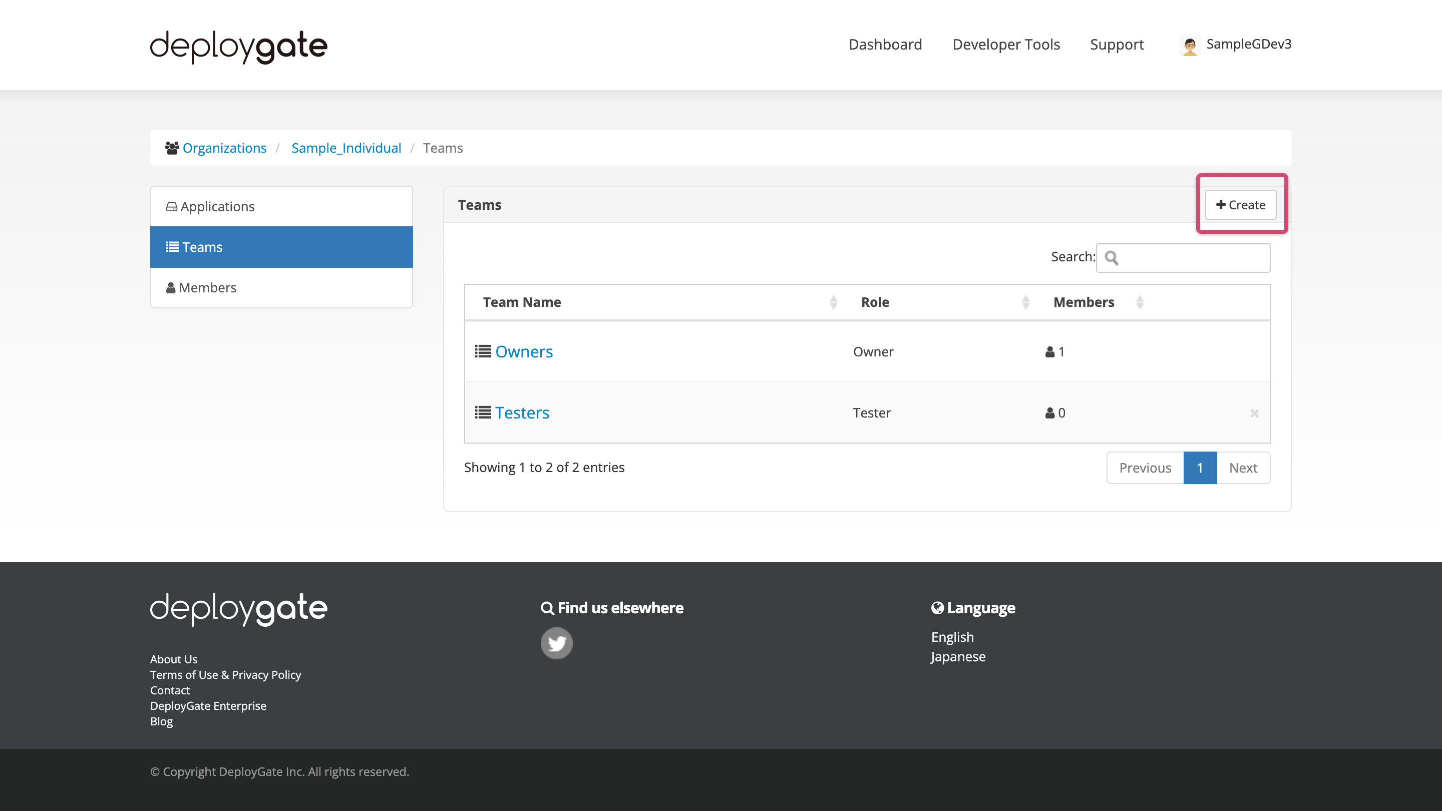 Screenshot of Create Team 