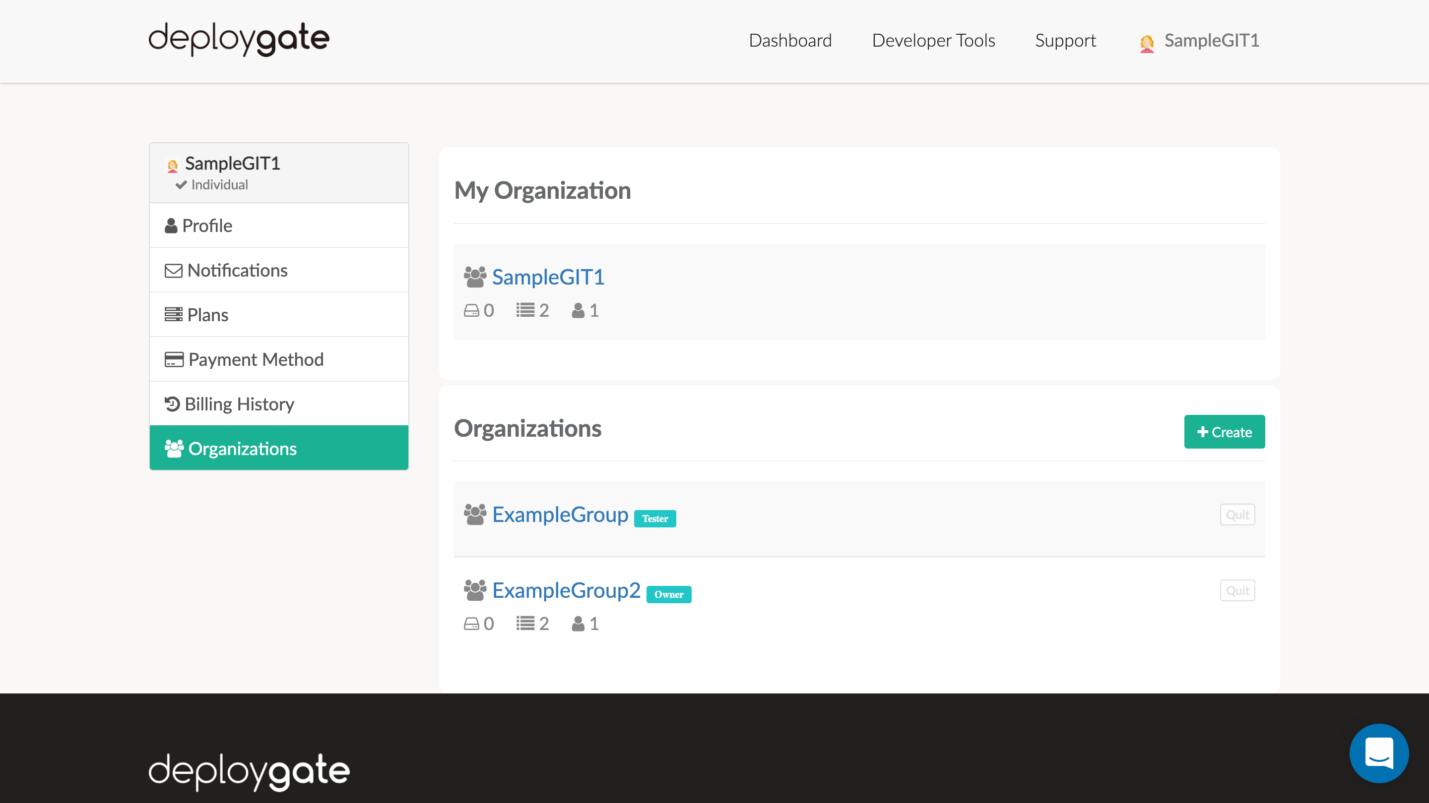 Organization list showing available workspaces