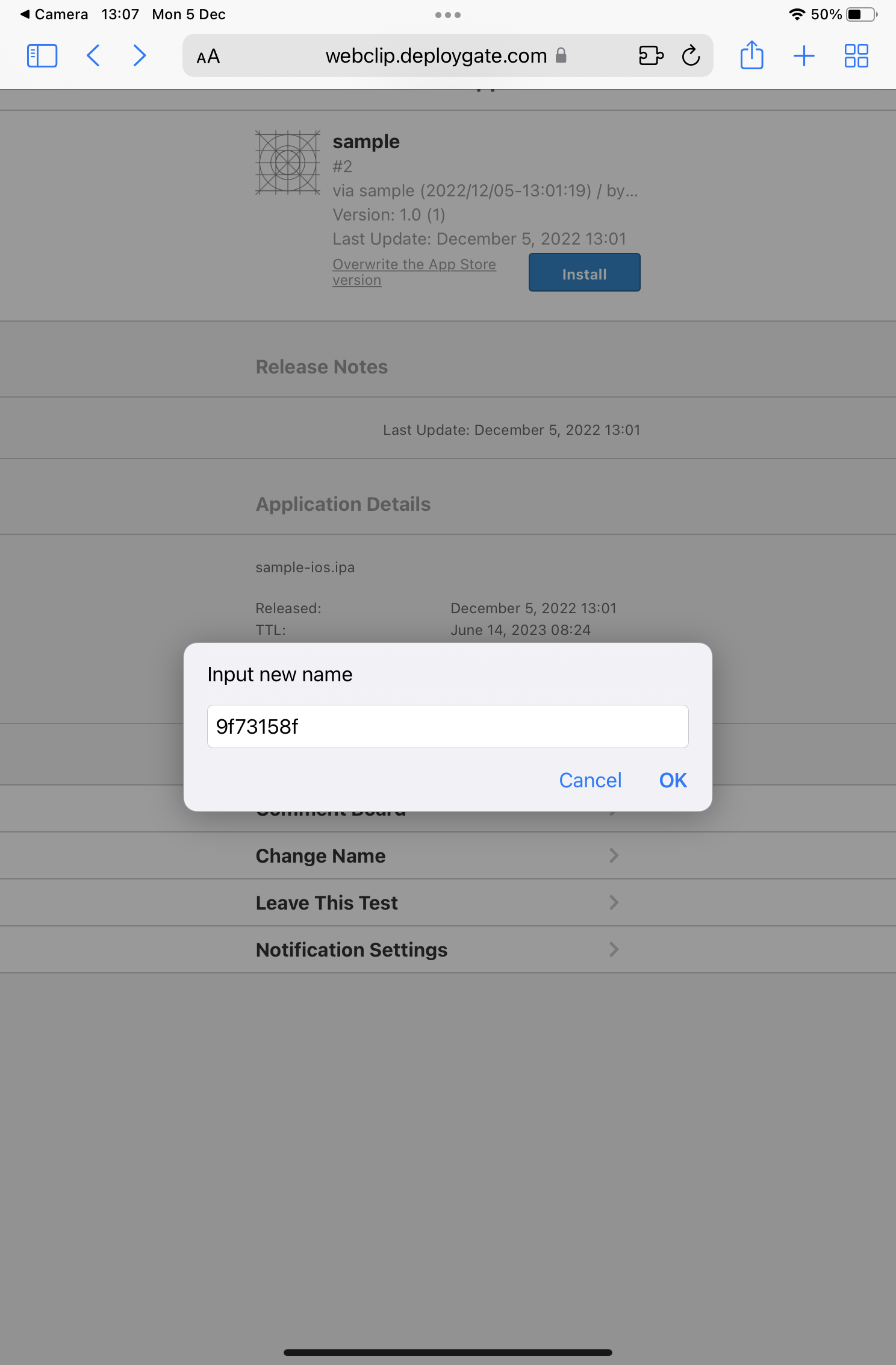 Screenshot of change tester name