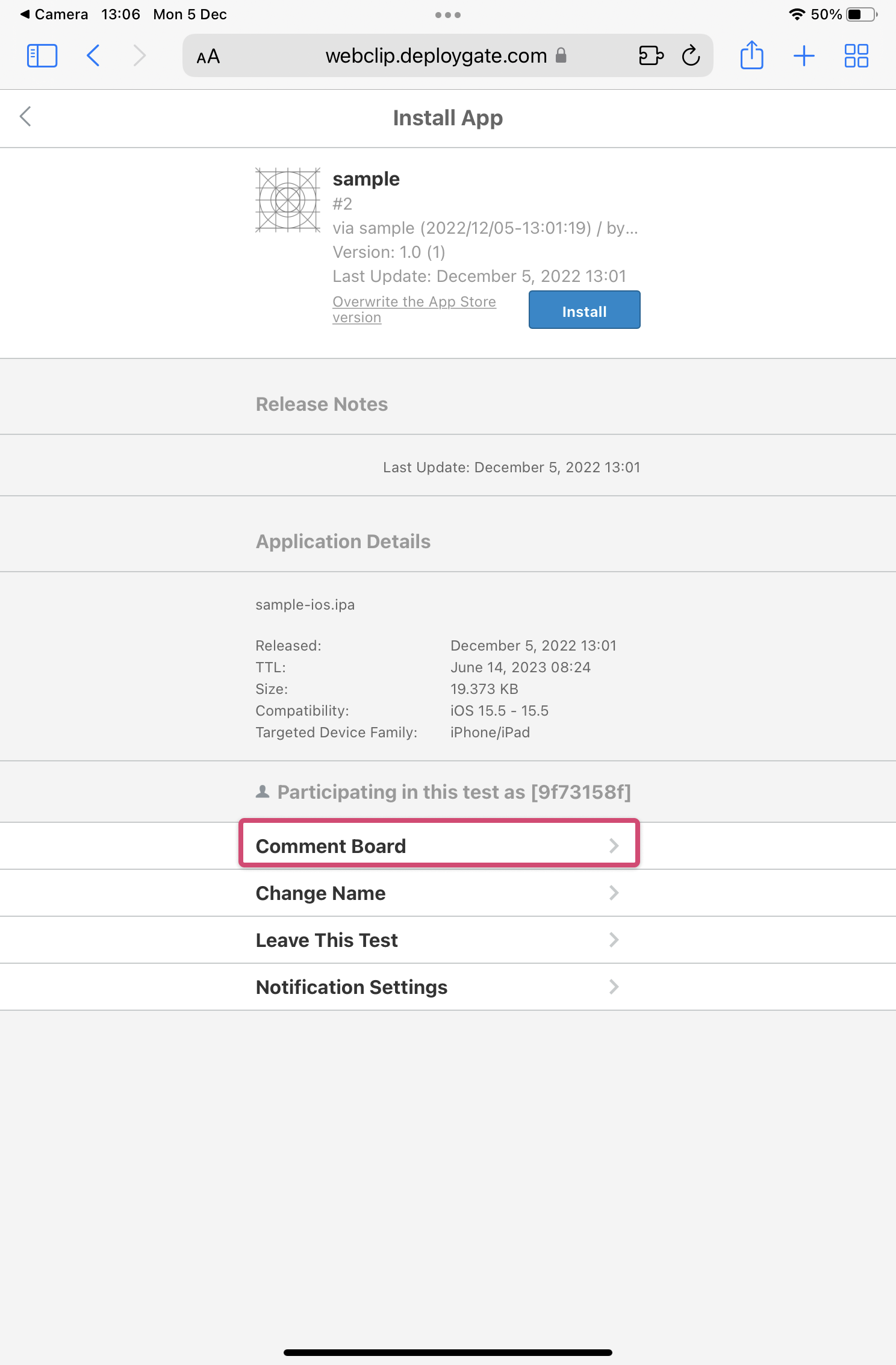 Screenshot of iOS write comments