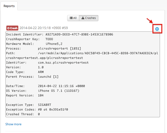 Screenshot of iOS sdk crash report