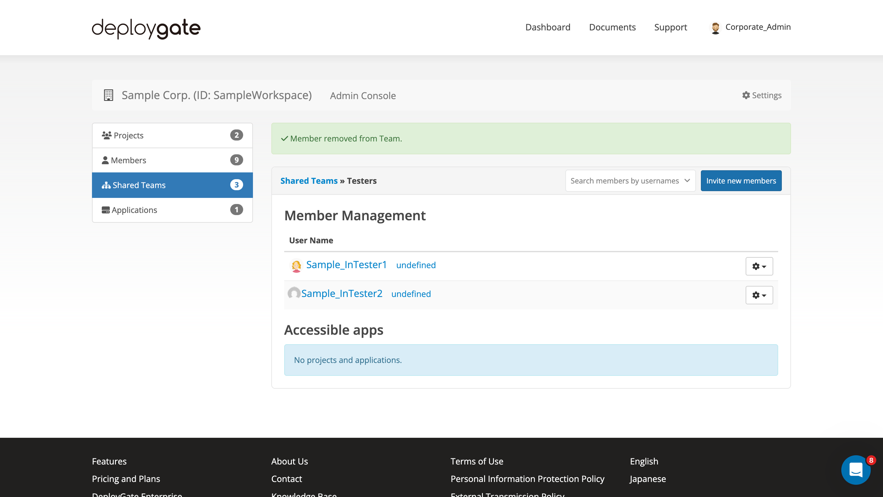 Screenshot of remove member from shared team 