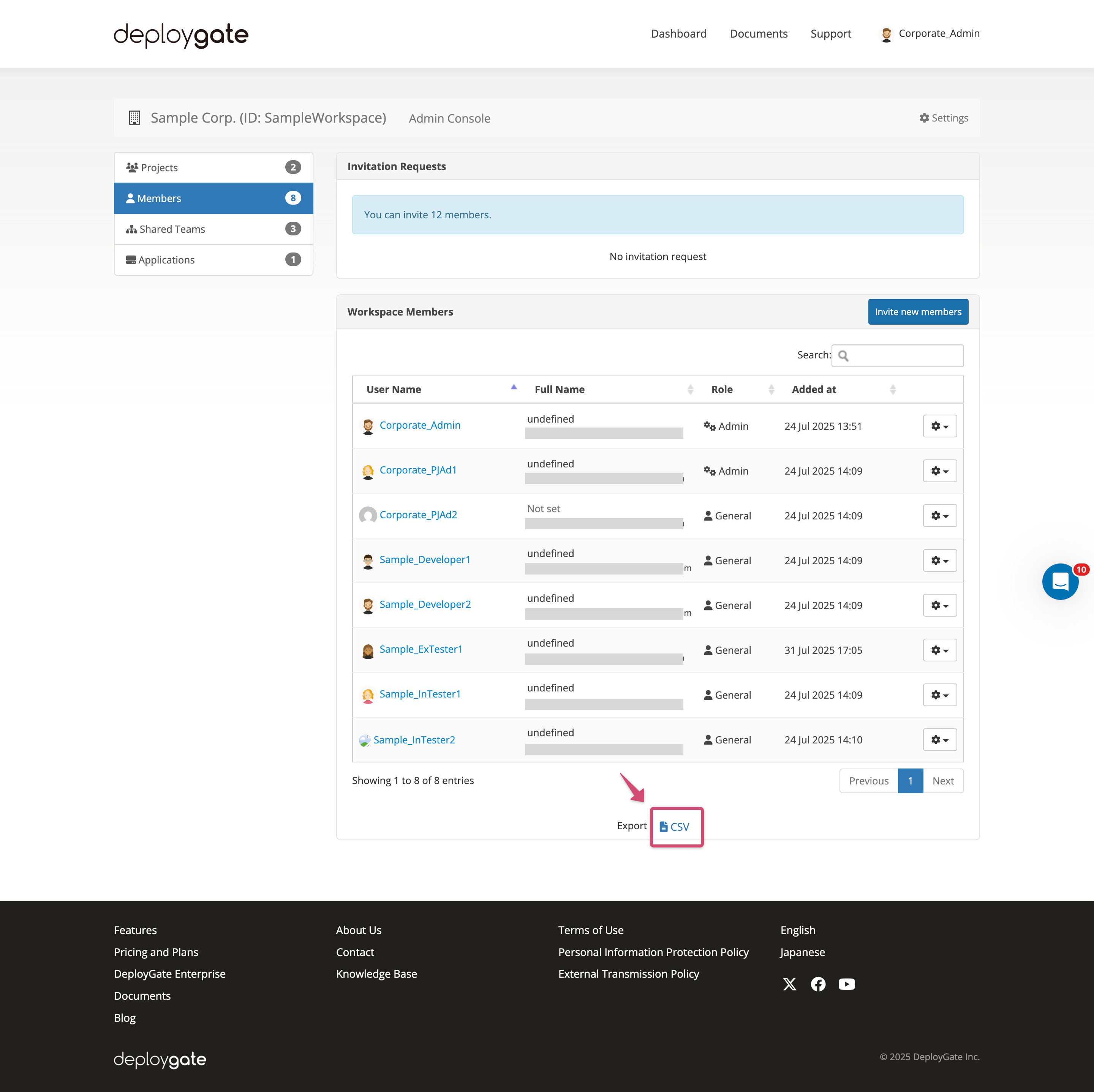 Screenshot of export members 