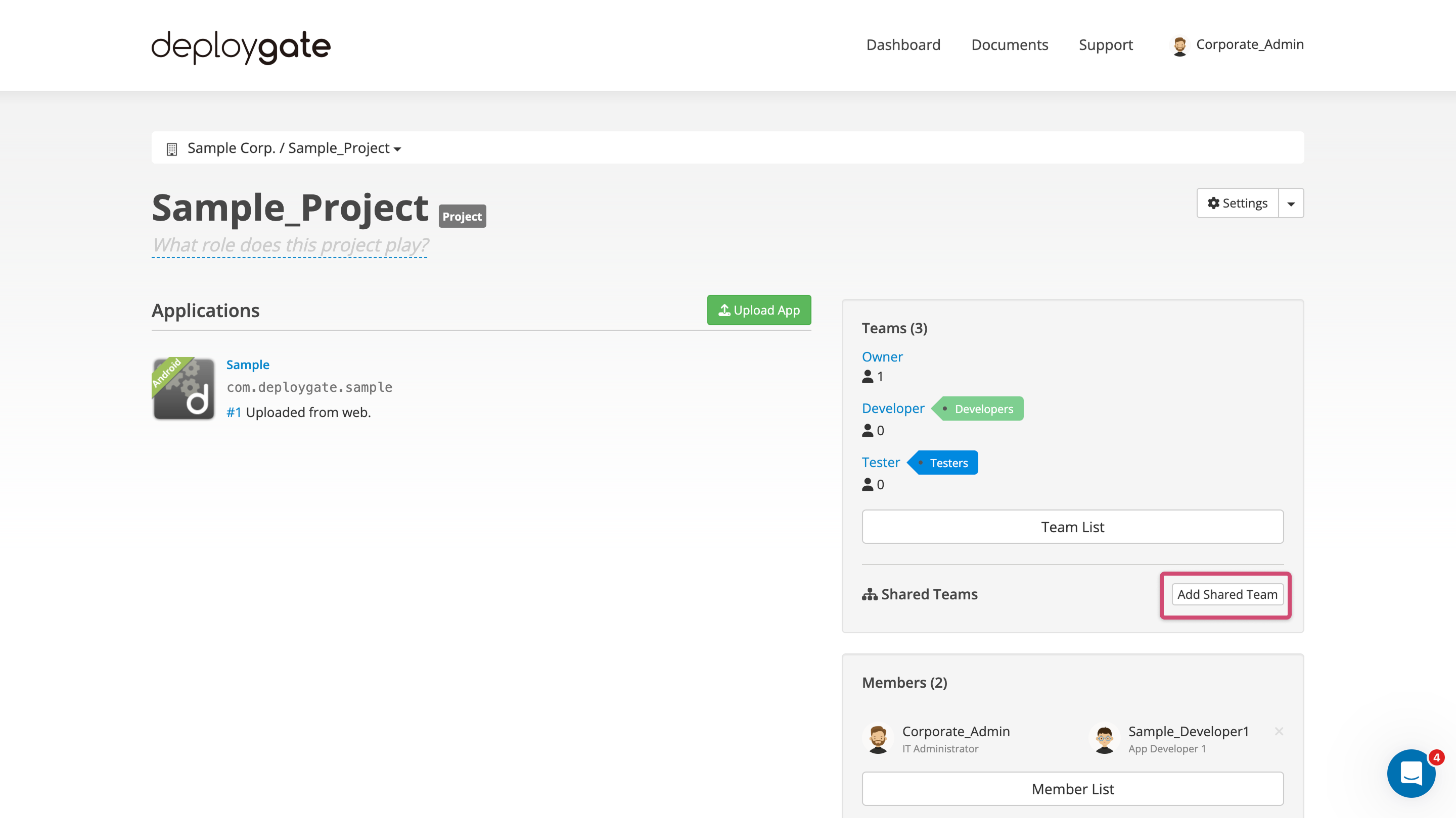 Screenshot of select add shared team to use