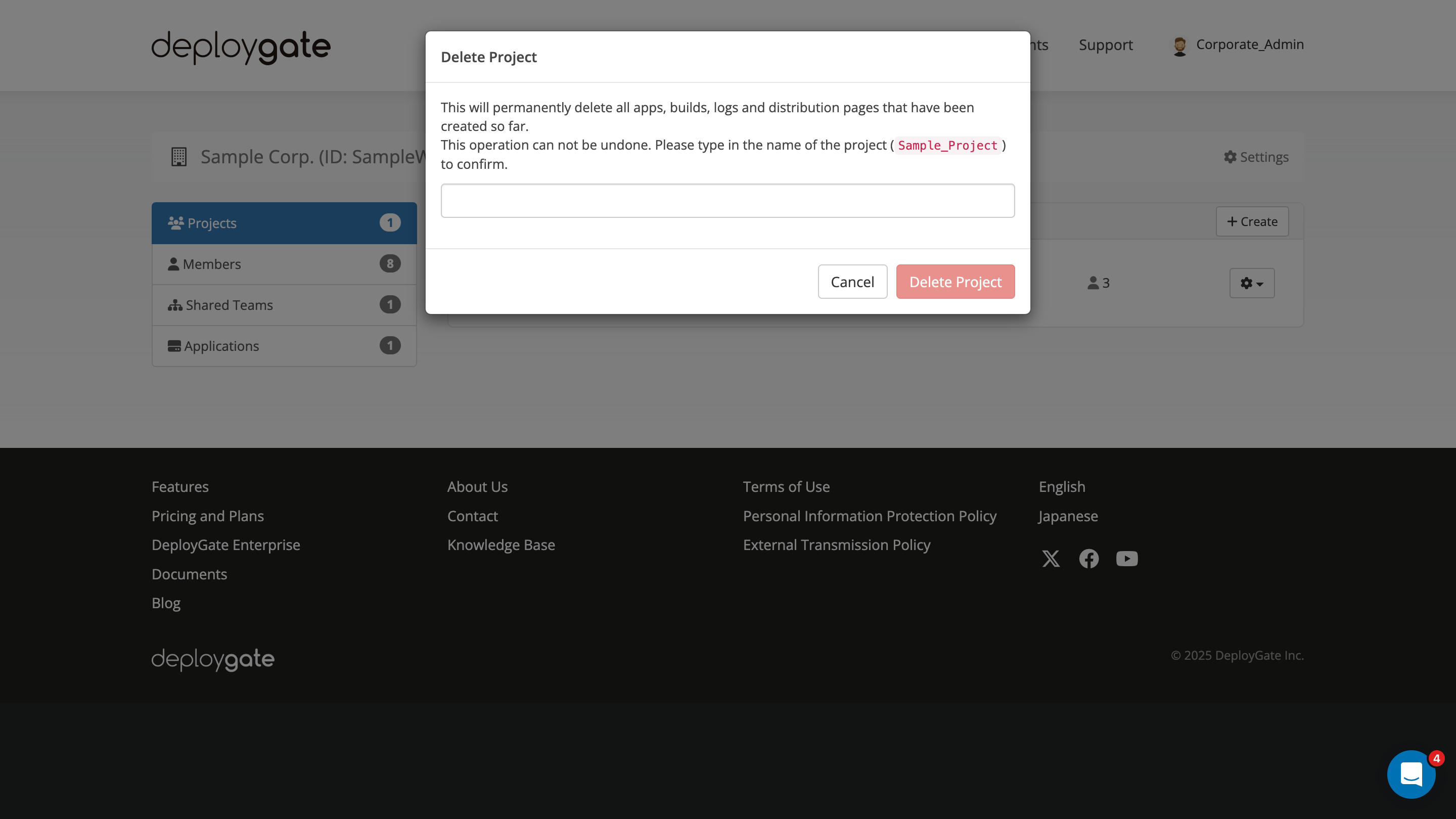 Screenshot of a delete confirmation modal