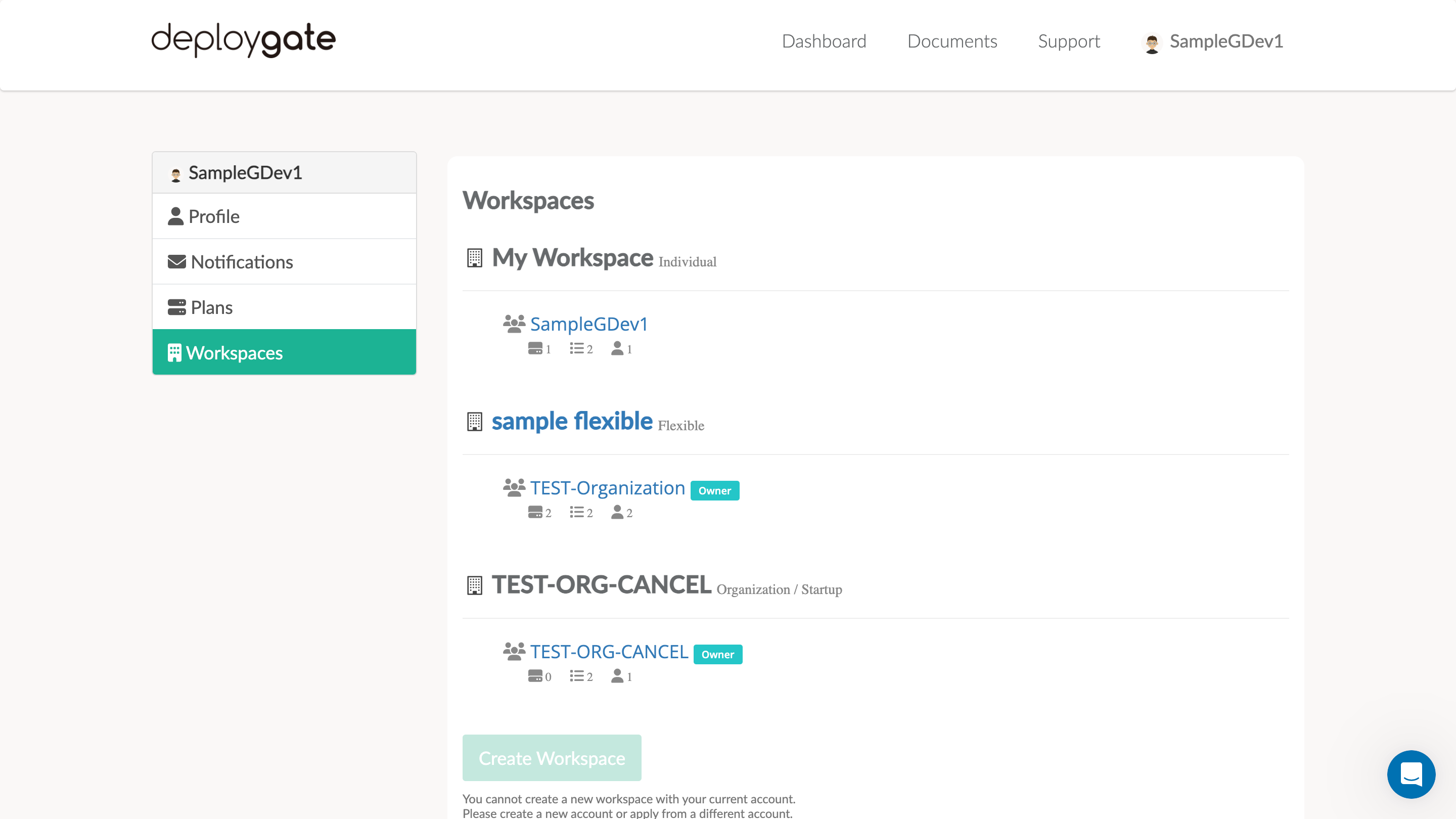 Project list showing available Workspaces