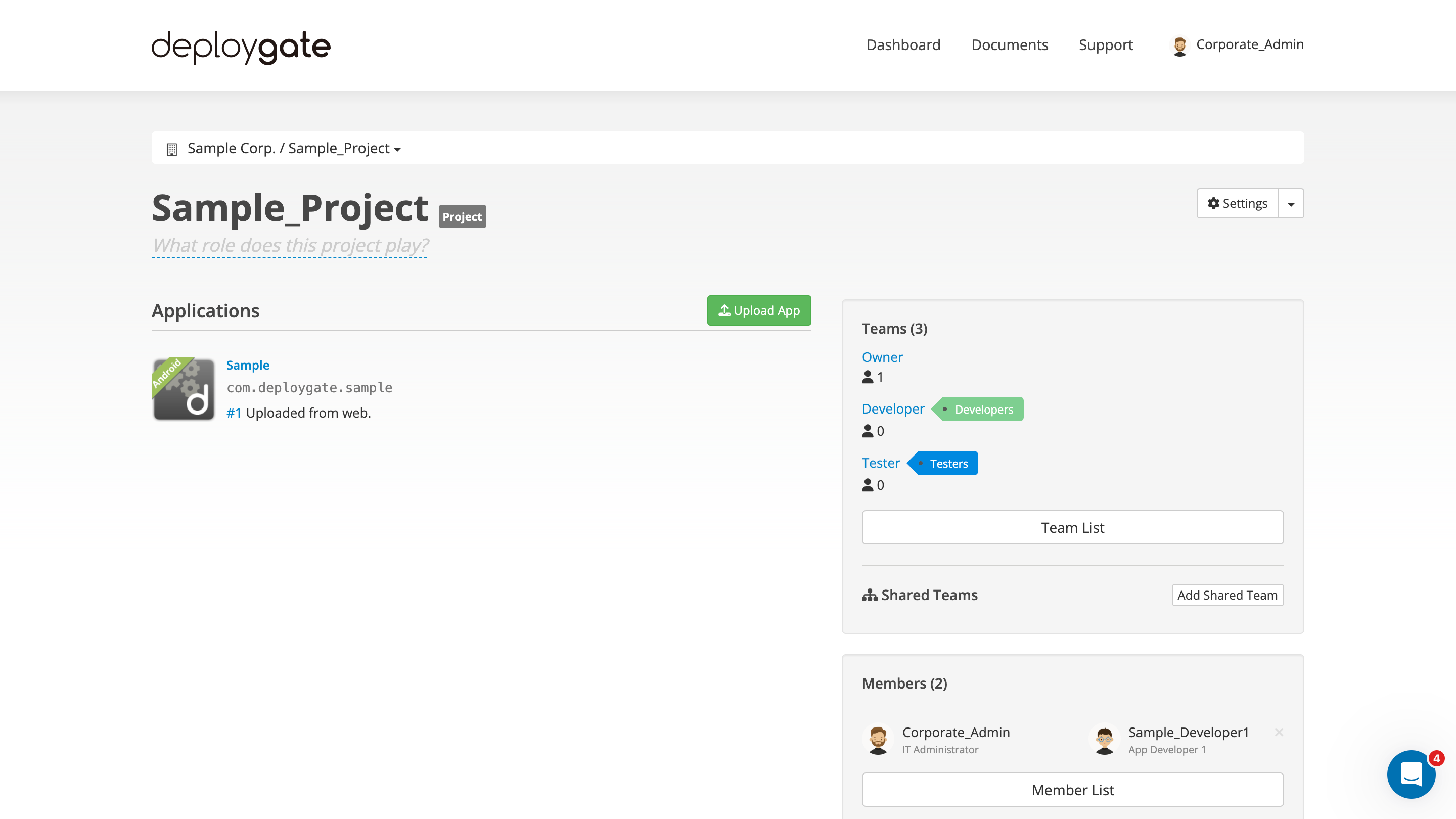 Project dashboard showing member permissions and team structure