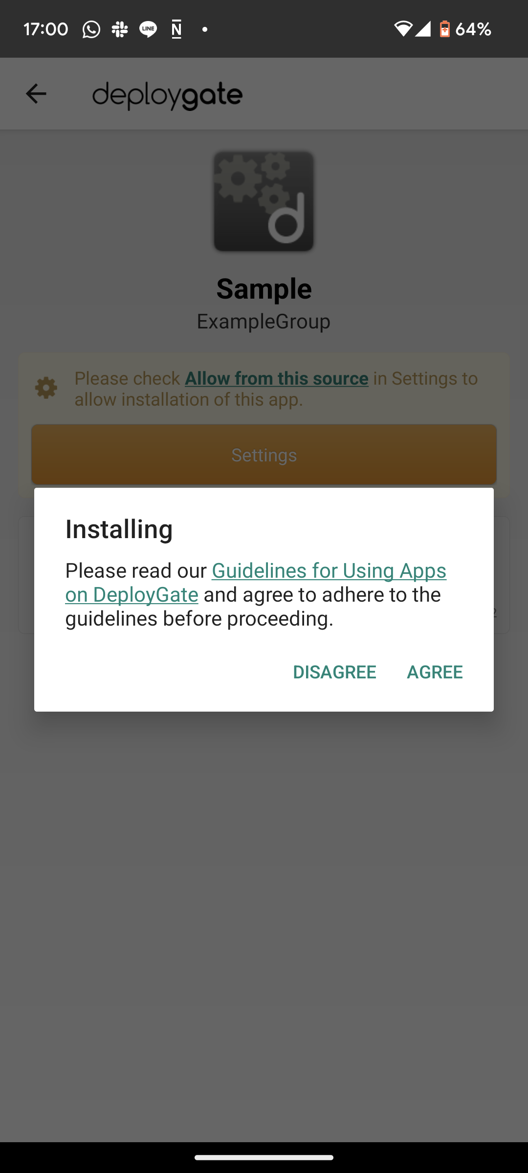 Screenshot of Install permission on App