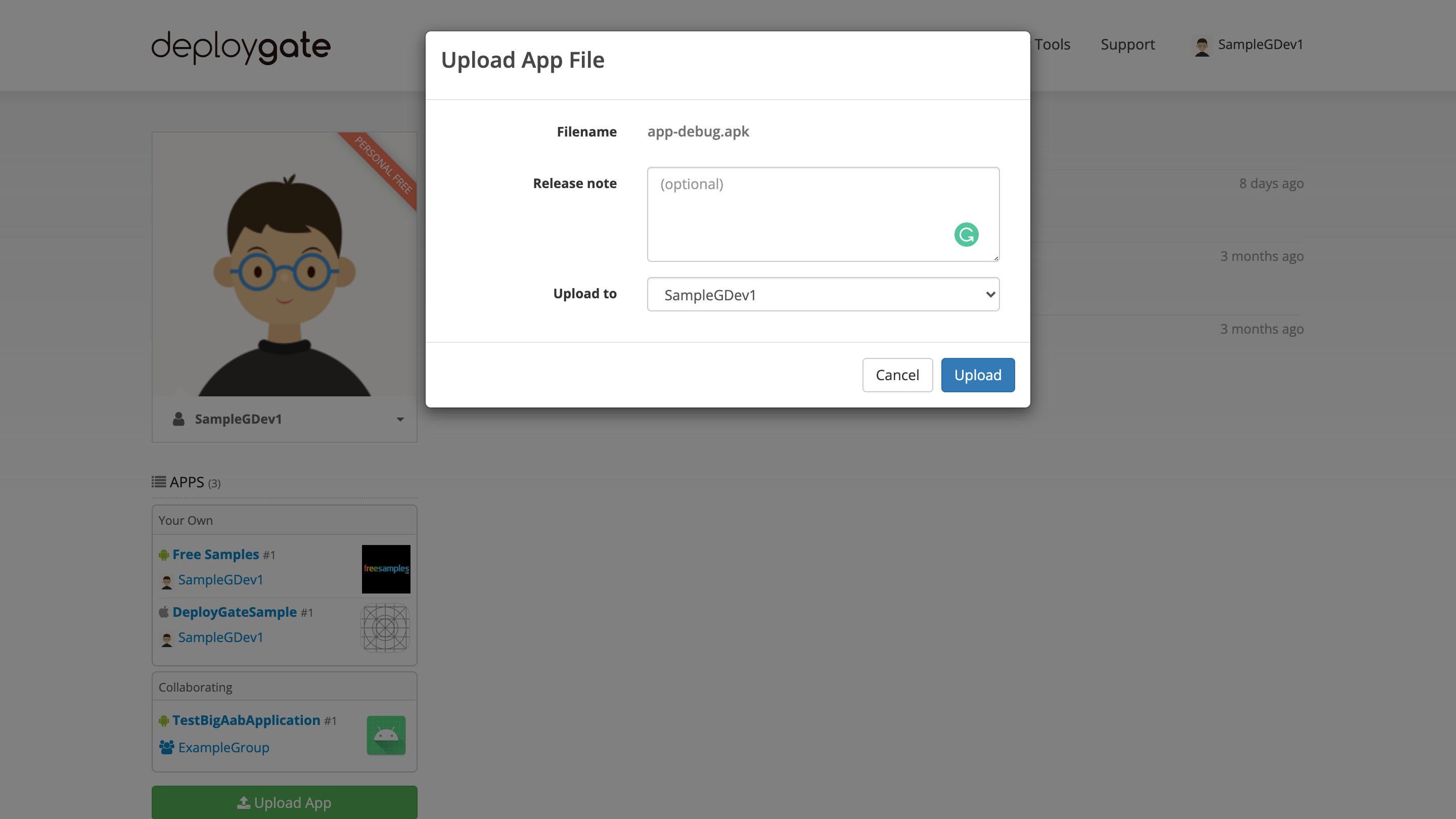Screenshot of upload app opoup