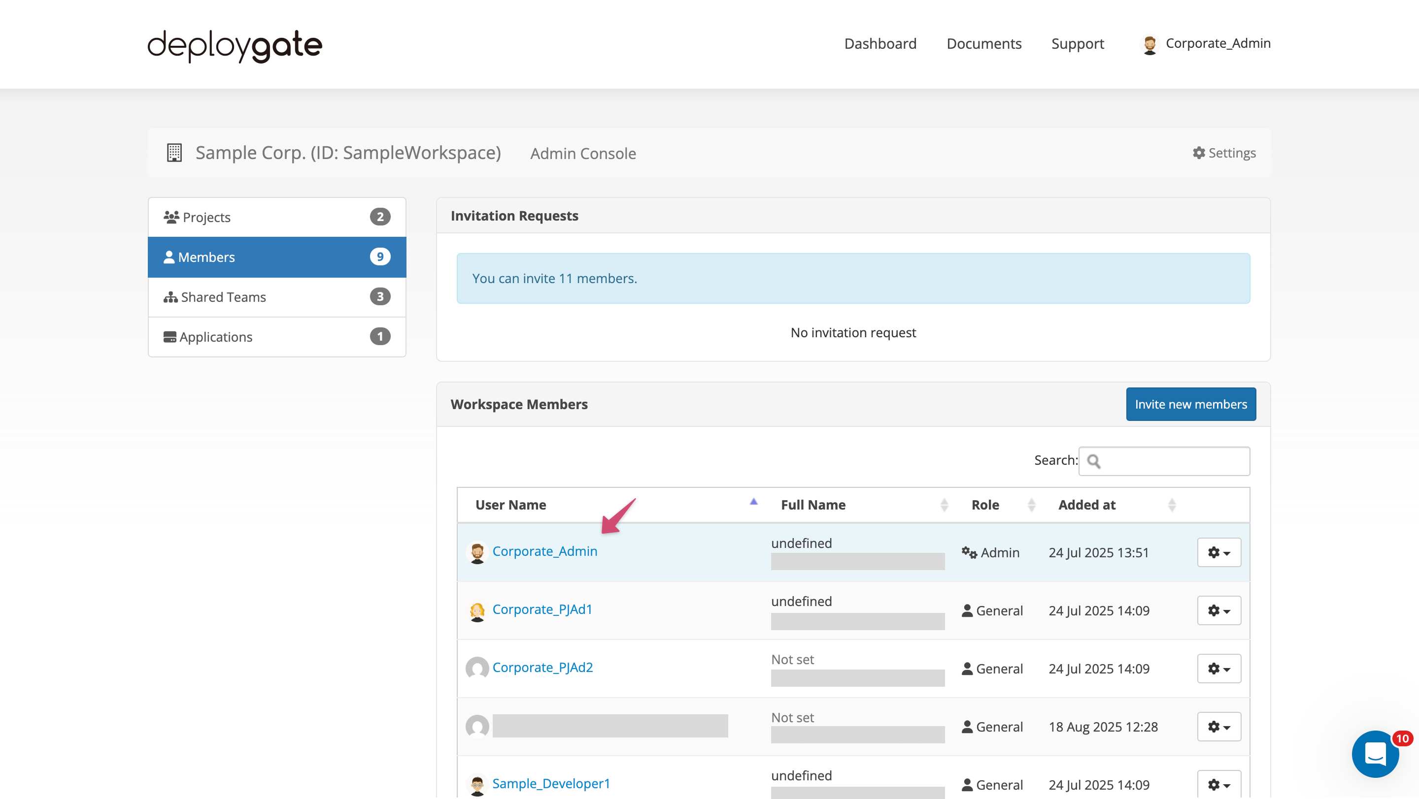 Screenshot of member list 