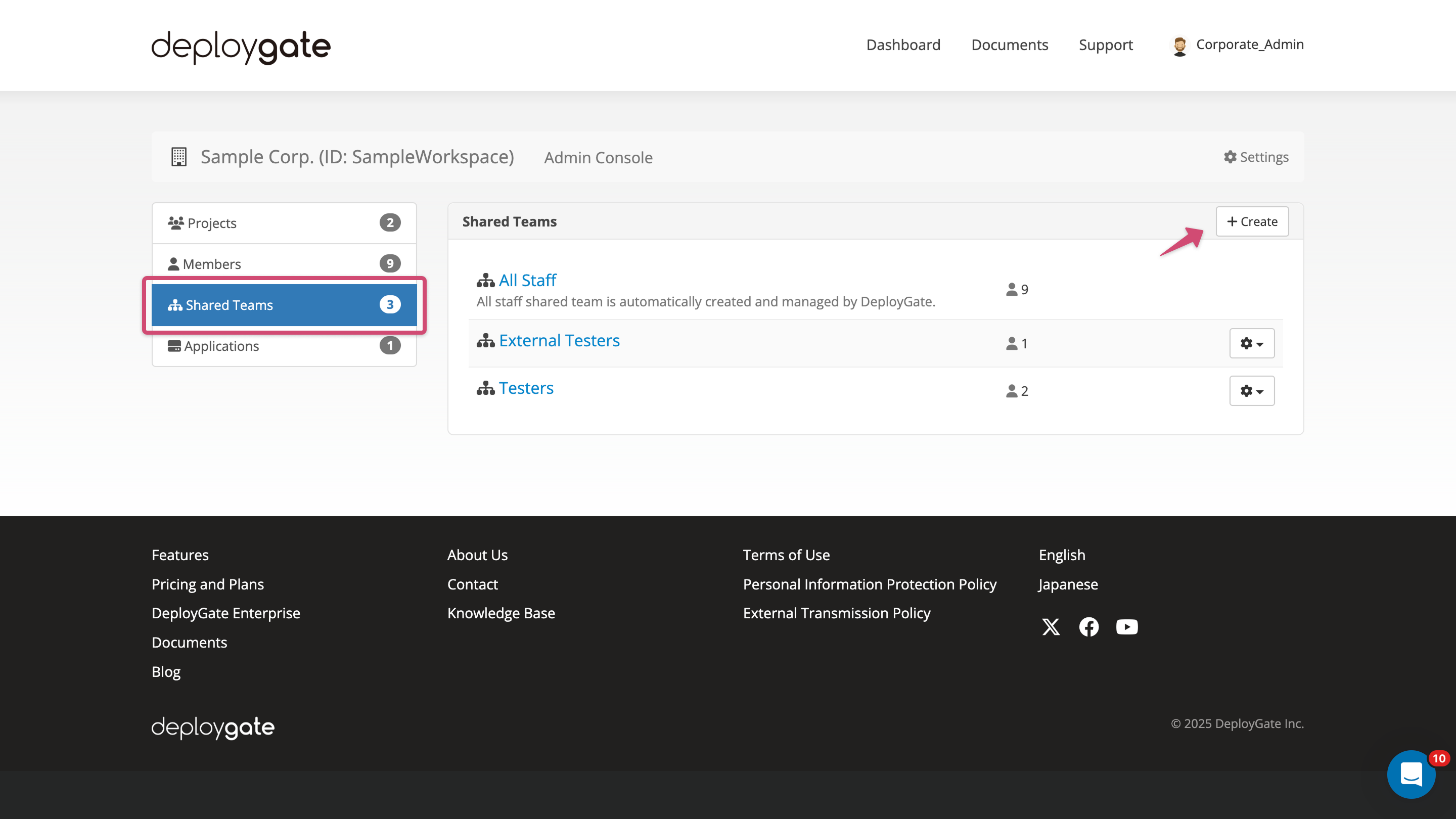 Screenshot of access to create shared team form