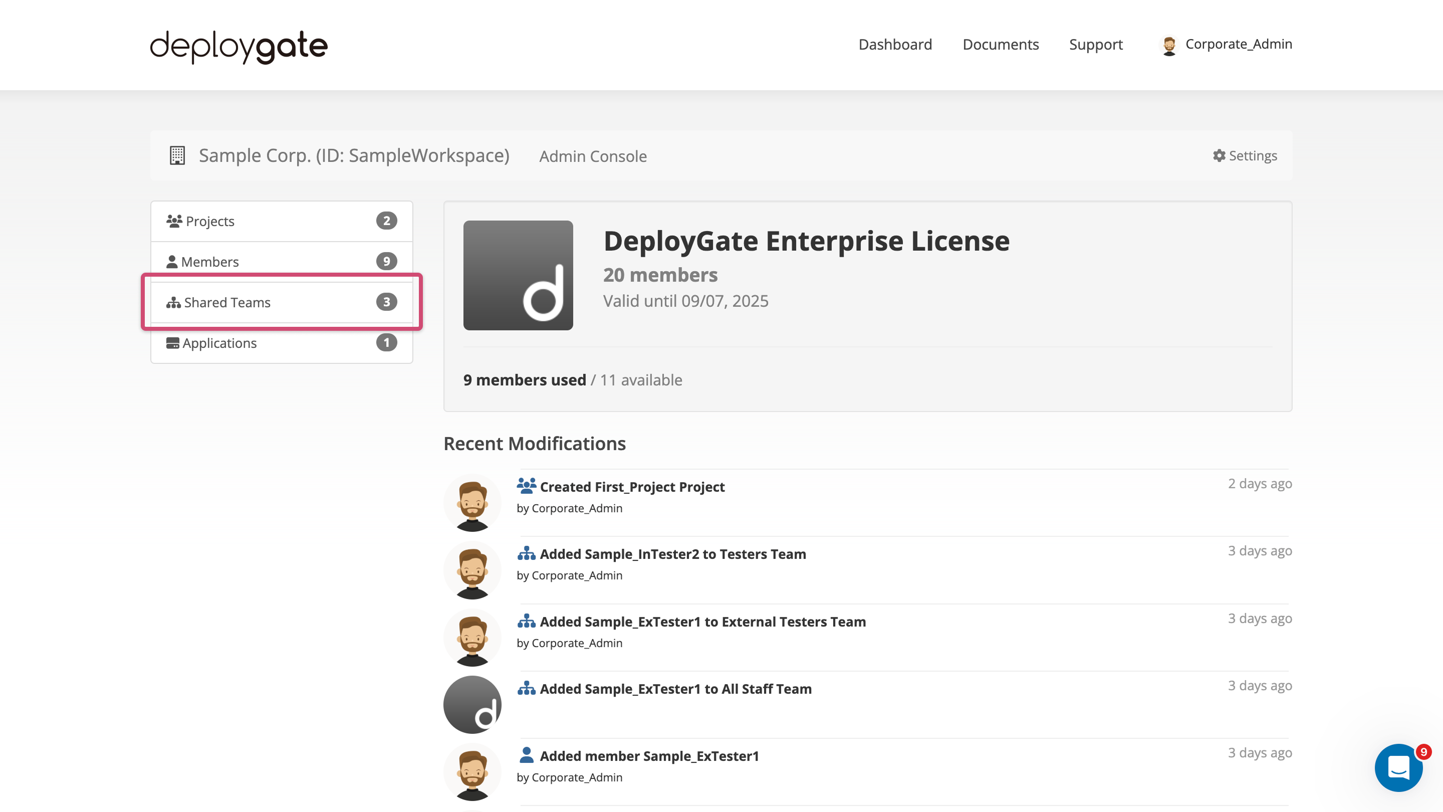 Screenshot of access to create shared team 