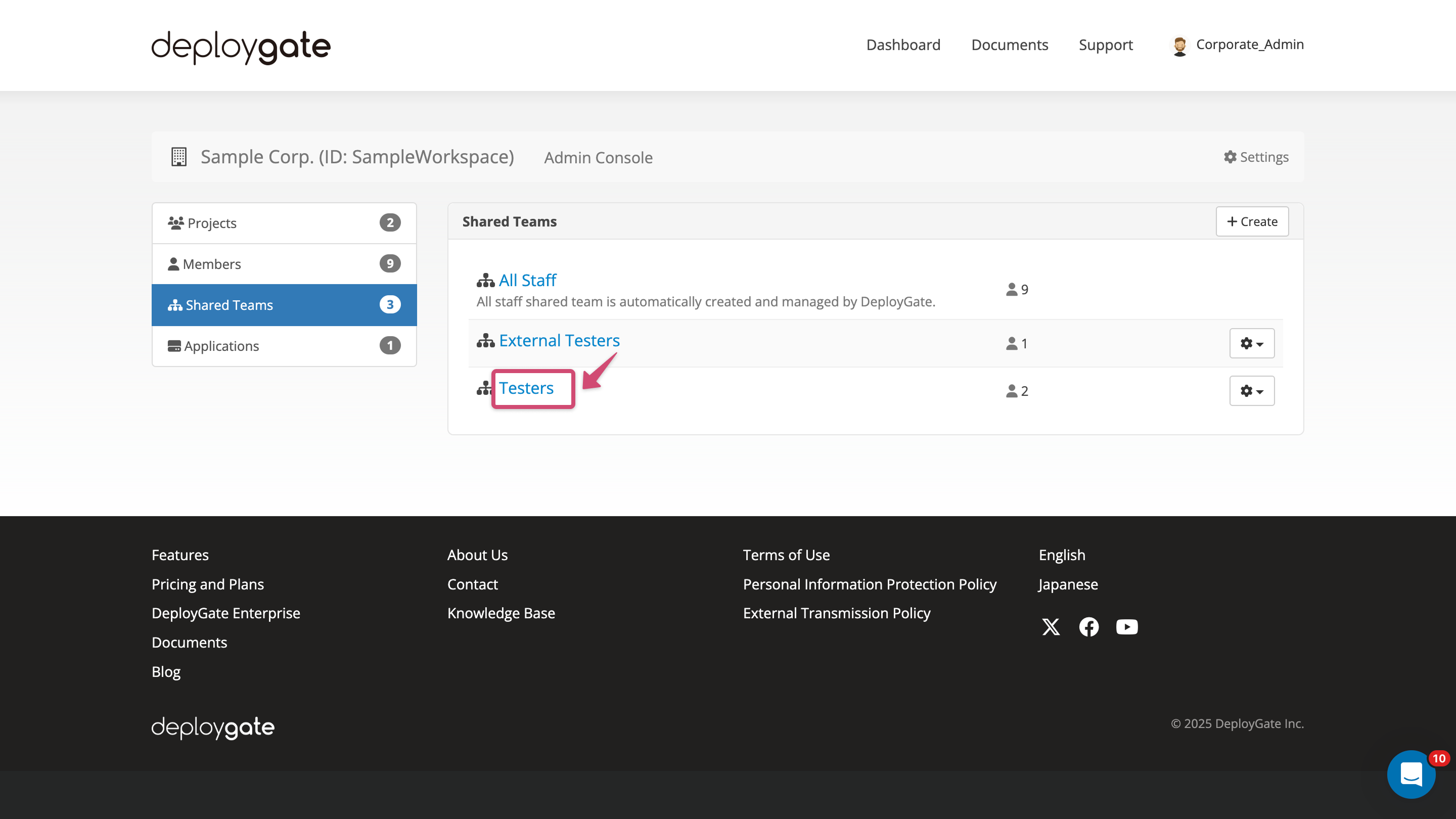 Screenshot of select shared team 