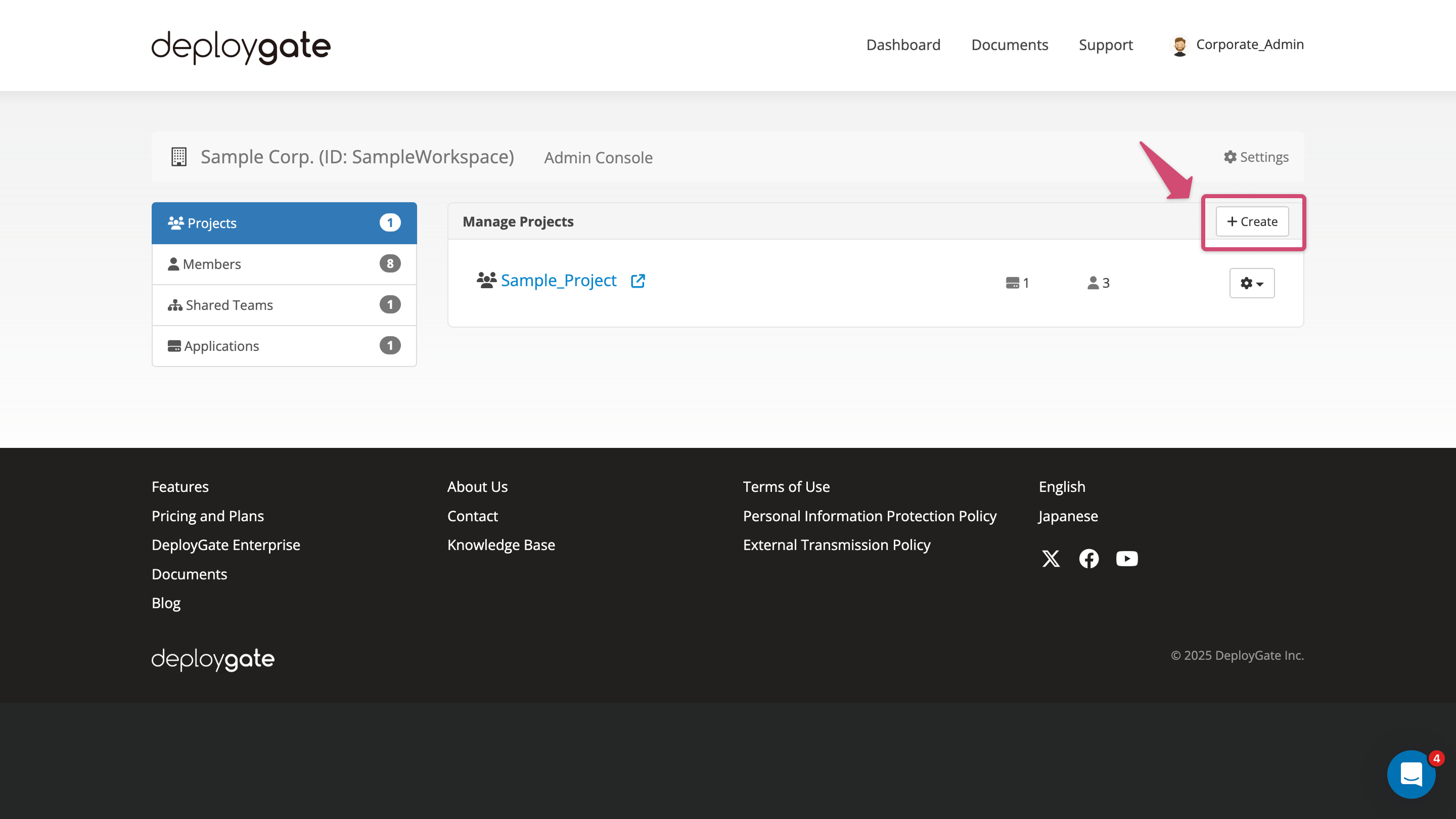 Screenshot of Enterprise add Project