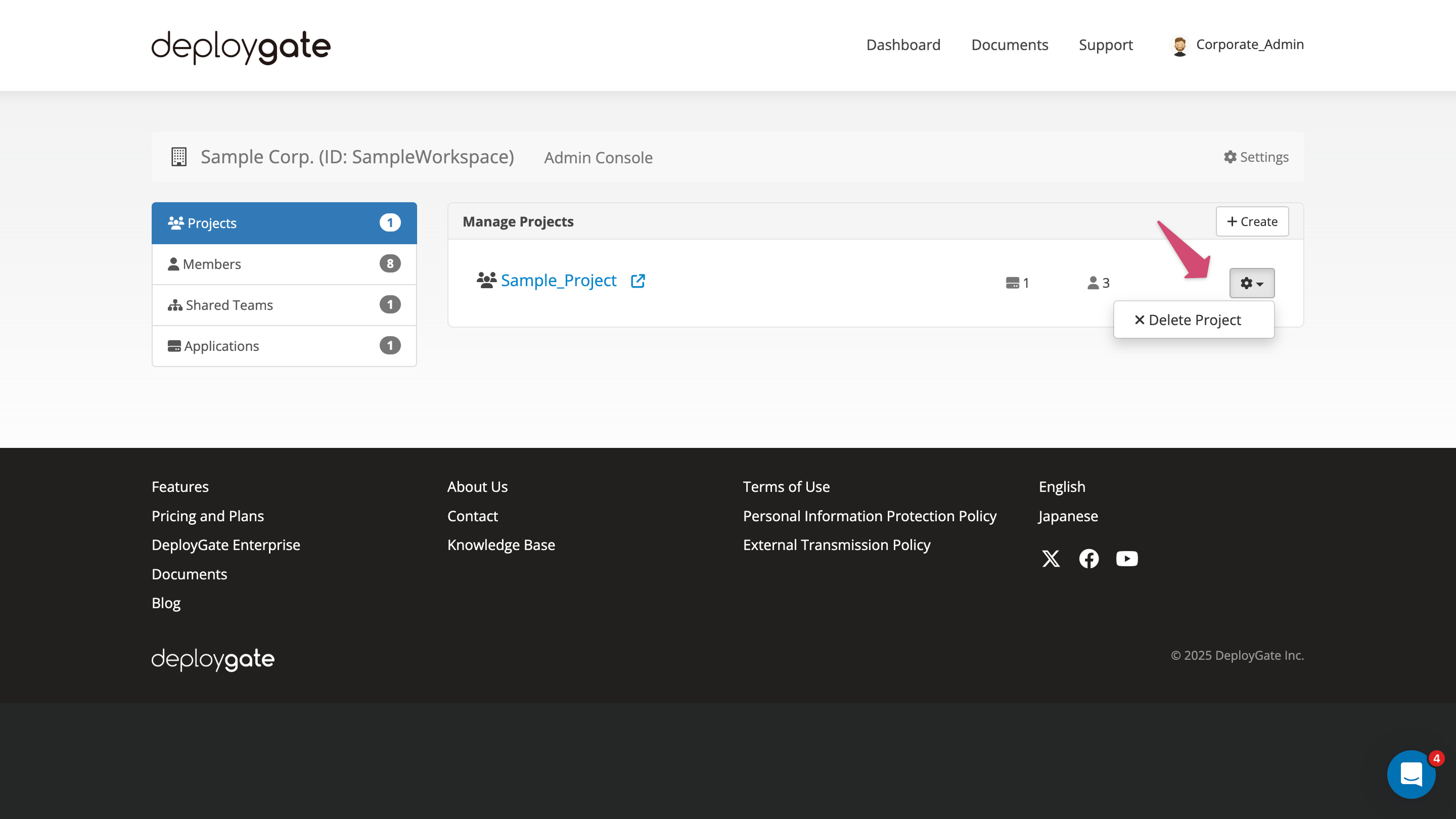 Screenshot of delete menu of the project