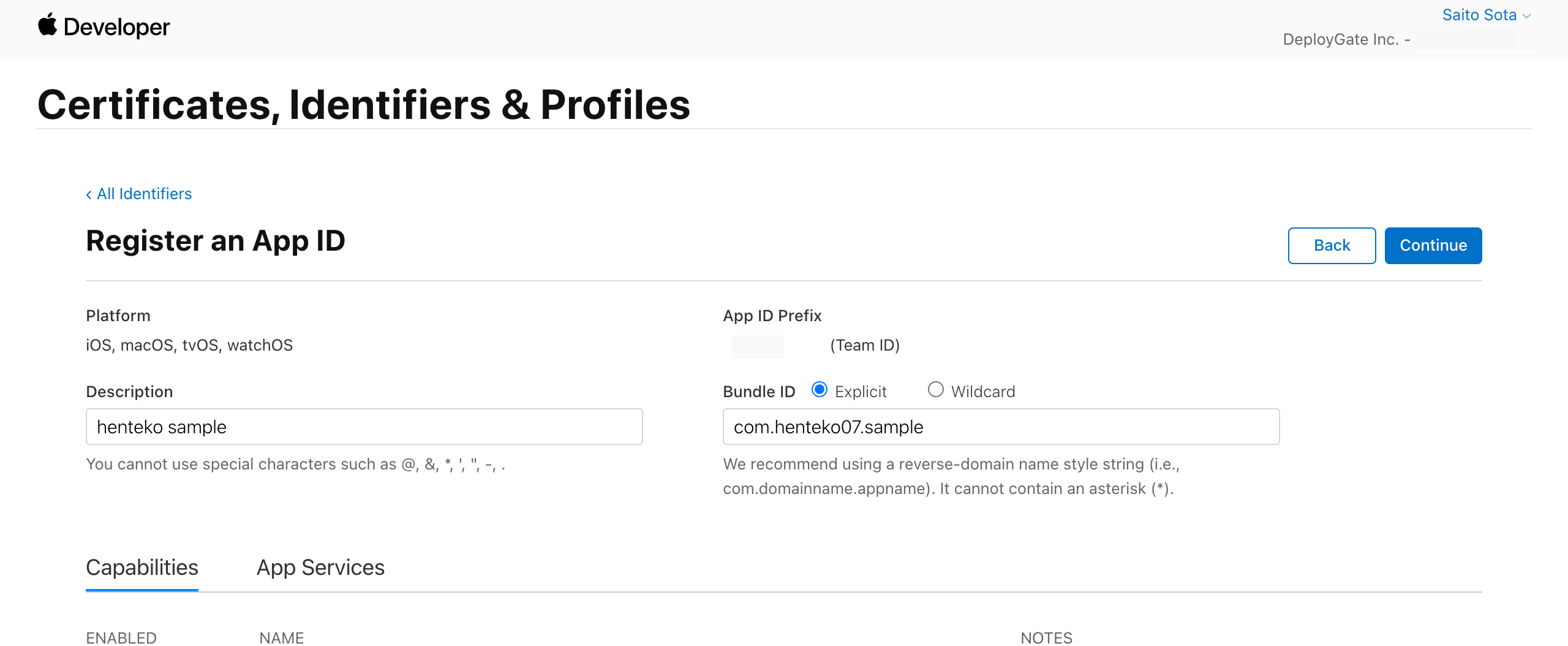 Screenshot of Create App ID