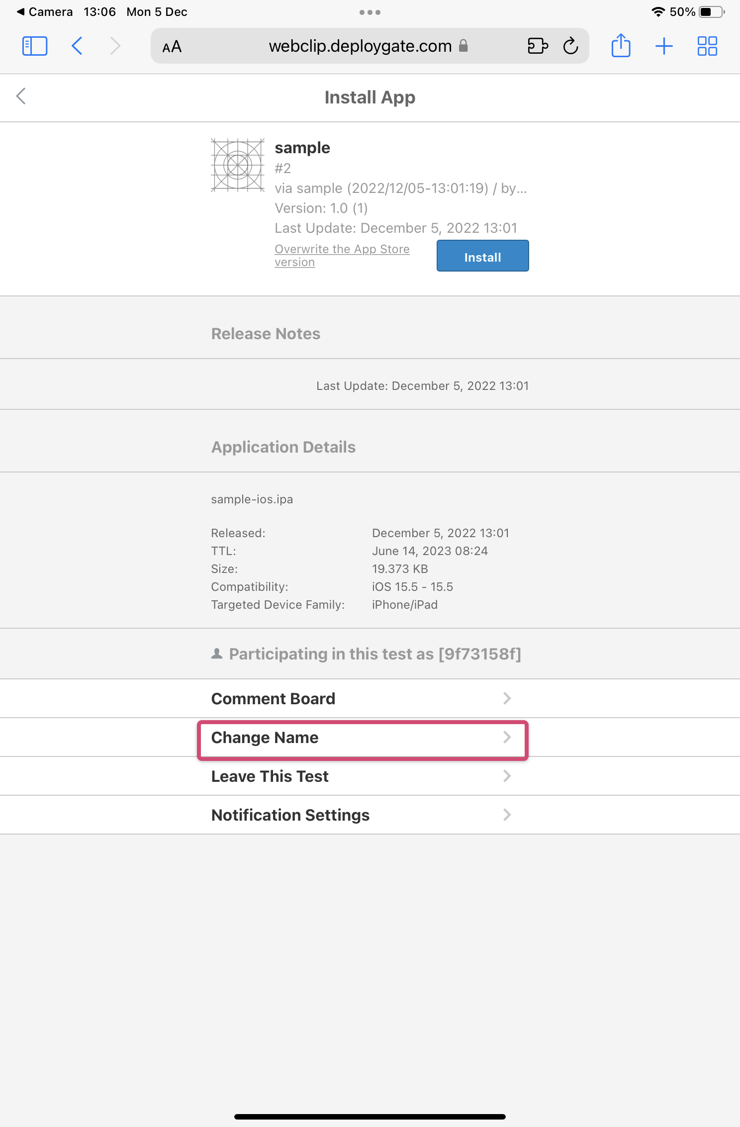 Screenshot of change tester name