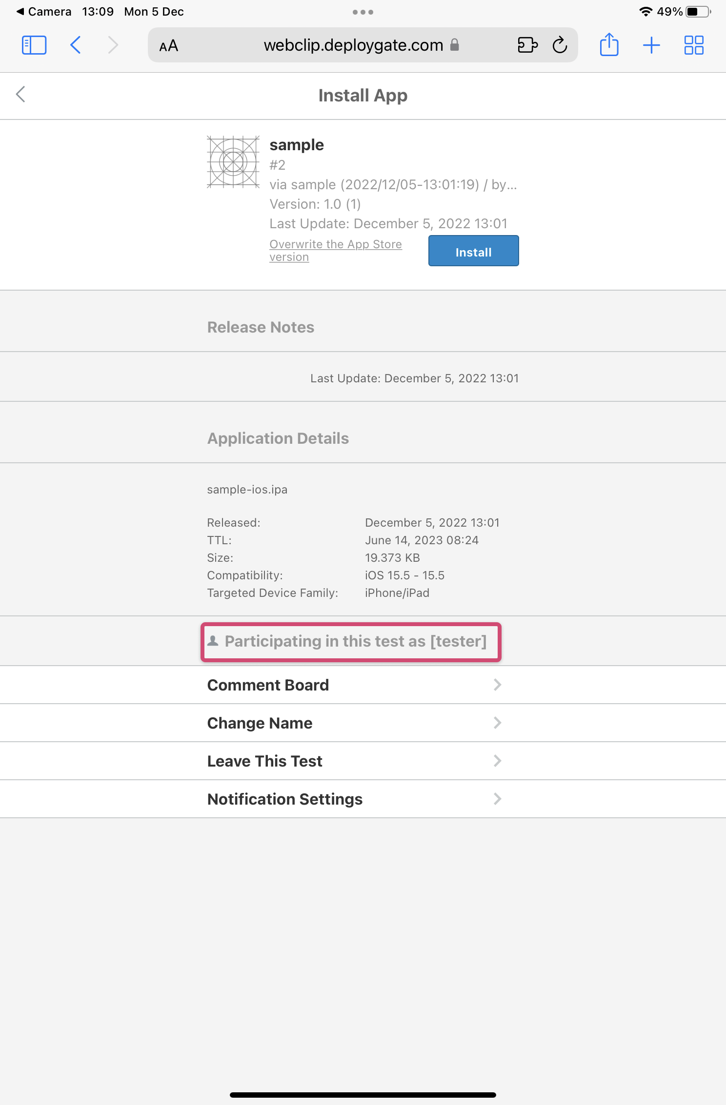 Screenshot of change tester name