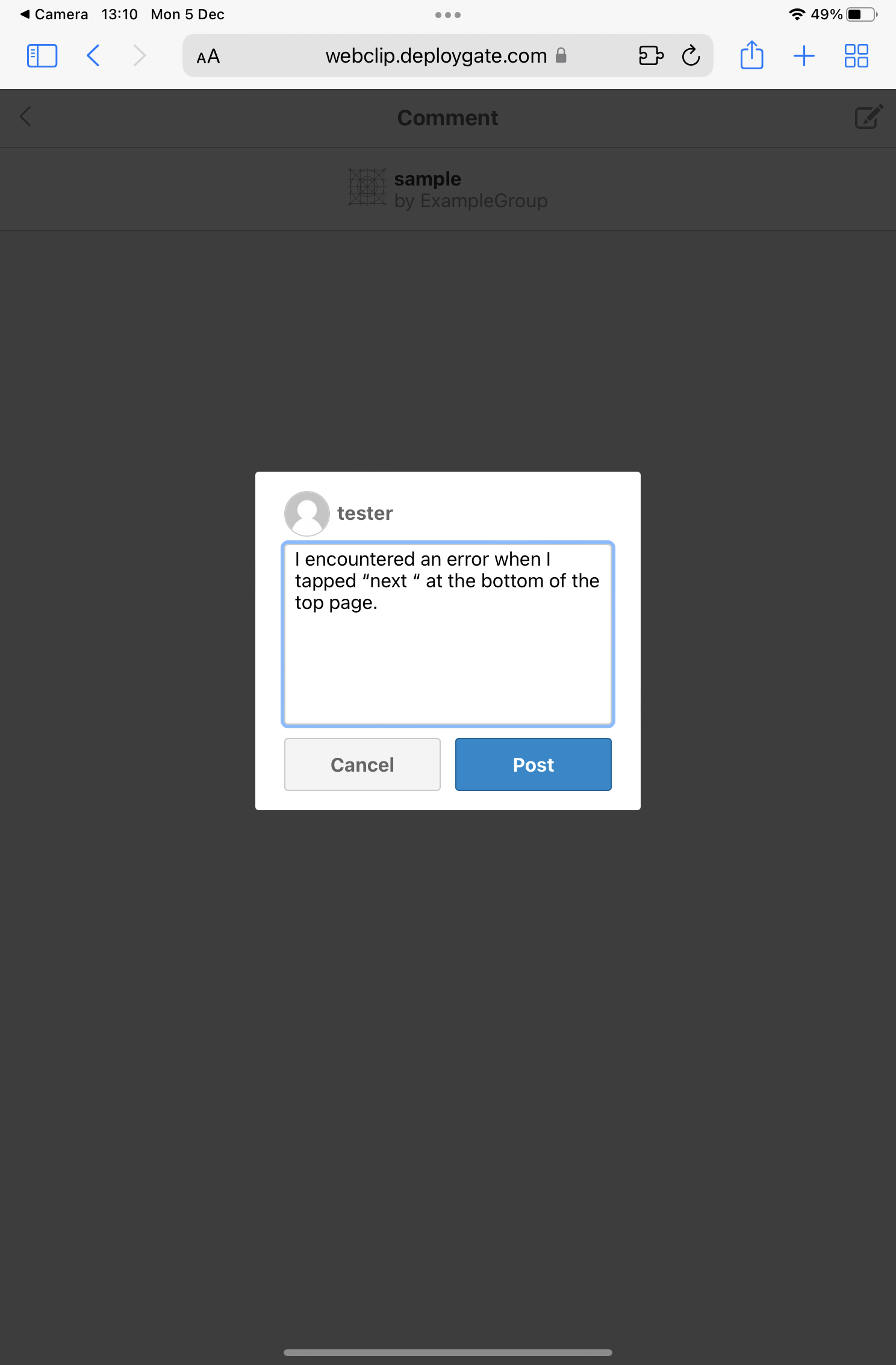 Screenshot of iOS write comments