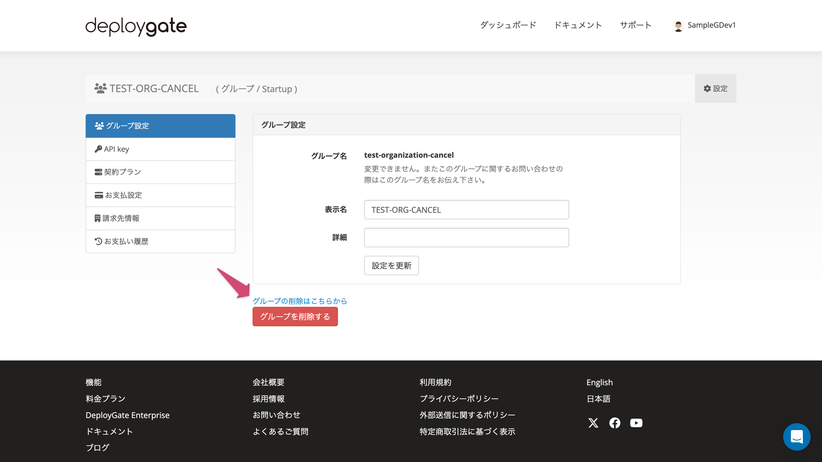 Screenshot of the Organization delete button