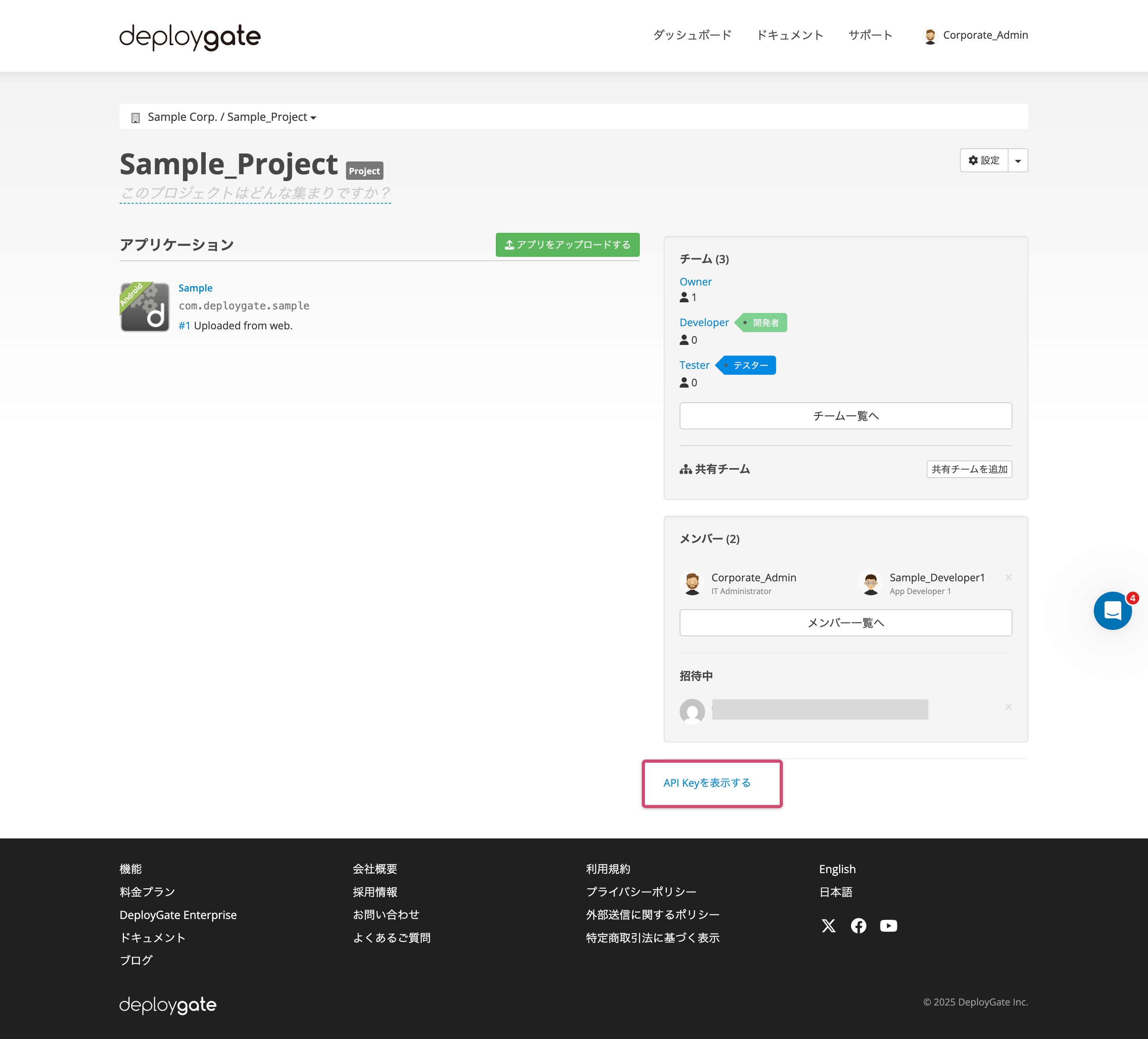 APIキーセクションを表示するワークスペースダッシュボード