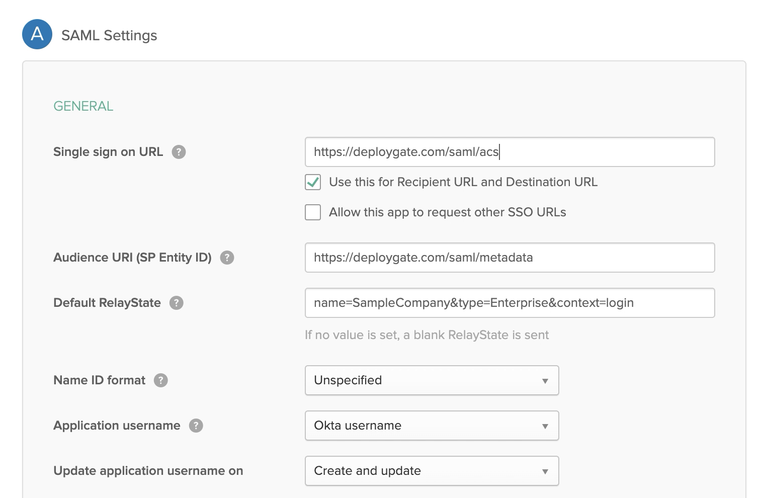 Screenshot of SAML Okta
