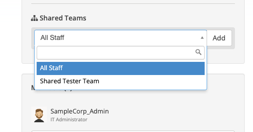 Screenshot of select shared team